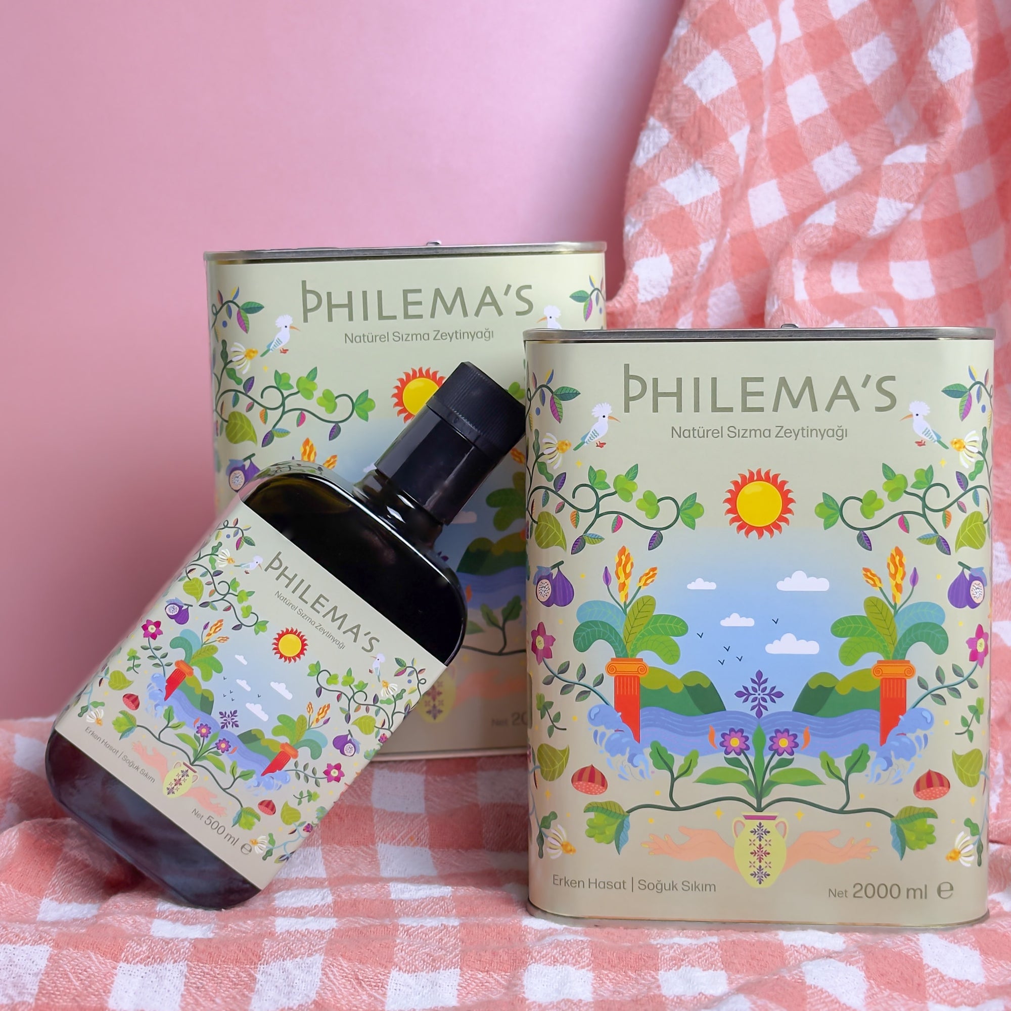 Philema’s erken hasat soğuk sıkım zeytinyağı şişe ve teneke setleri tek şişe ve 2 teneke 